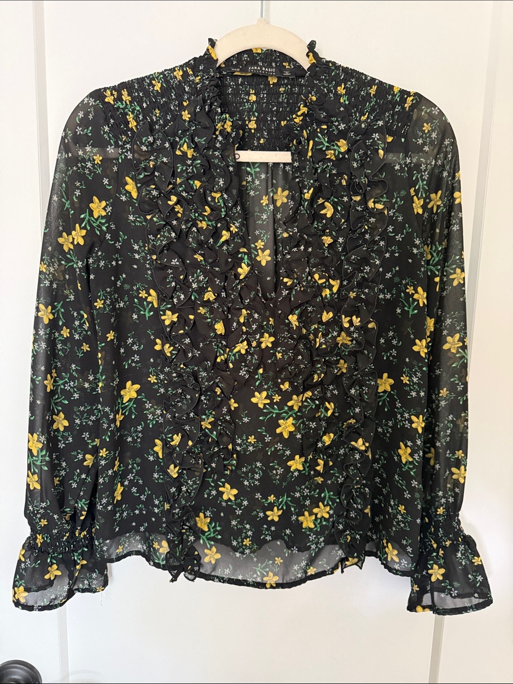 Zara Black Sheer Ruffle Blouse with Yellow Floral Print